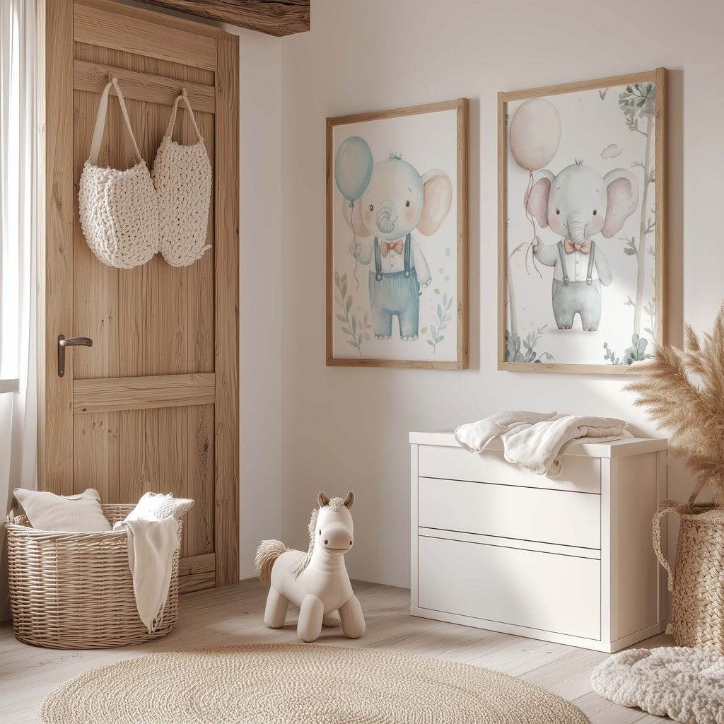 Cute Elephant Nursery Poster · Watercolour Elephant with Balloon · Baby Room Wall Art · Unframed Print