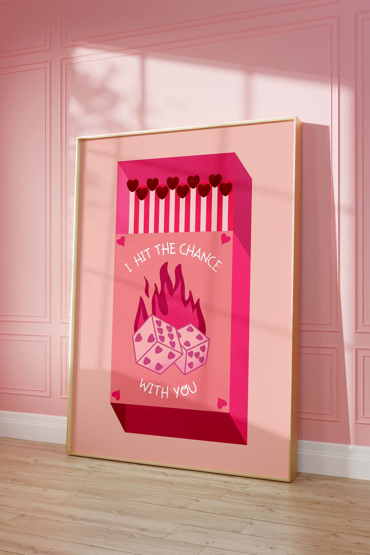 Matchbox Poster “Hit The Chance With You” · Love Illustration · Dice Design · Vintage Pink & Red · Unframed Print