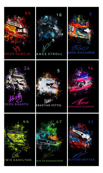 Formula 1 Helmet Watercolour Poster · Driver Name, Signature & Race Number · Unframed Print