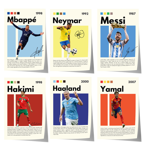 Football Stars Poster · Mbappé, Neymar, Messi, Hakimi, Haaland & Yamal · Sports Wall Art · Unframed Print