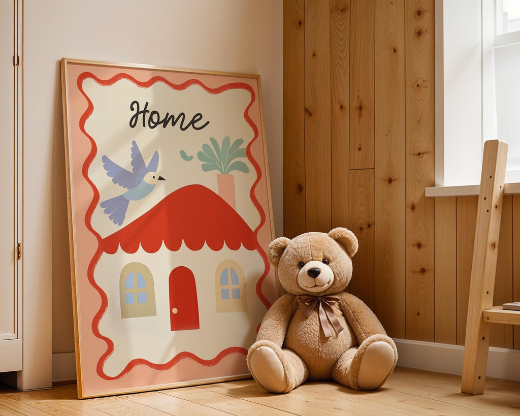 Kids Room Poster “Home” with Bird & Plant · Soft Colours Wall Art · Unframed Print