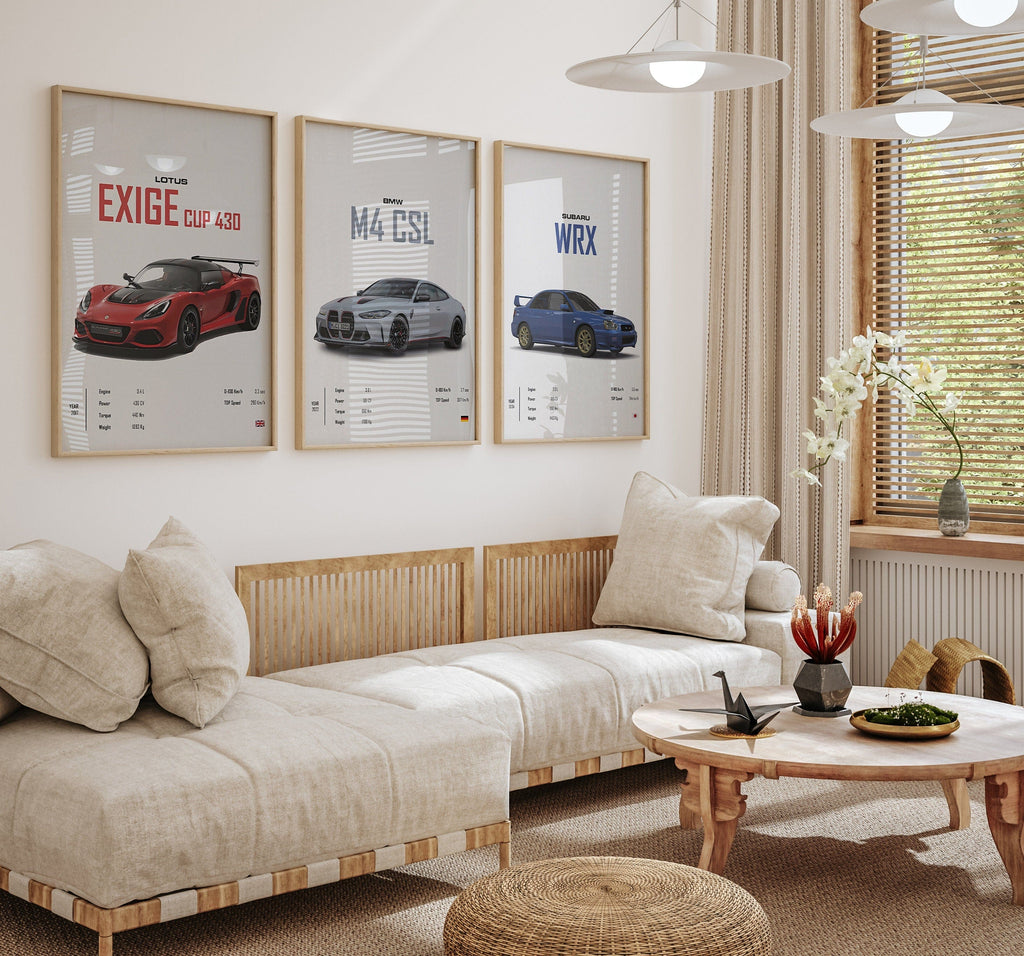 Klasik Spor Araba Posteri · BMW, Lotus ve Subaru Efsaneleri · Erkeğe Hediye · Salon ve Ofis Duvar Sanatı · Çerçevesiz Baskı