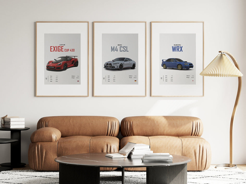 Klasik Spor Araba Posteri · BMW, Lotus ve Subaru Efsaneleri · Erkeğe Hediye · Salon ve Ofis Duvar Sanatı · Çerçevesiz Baskı