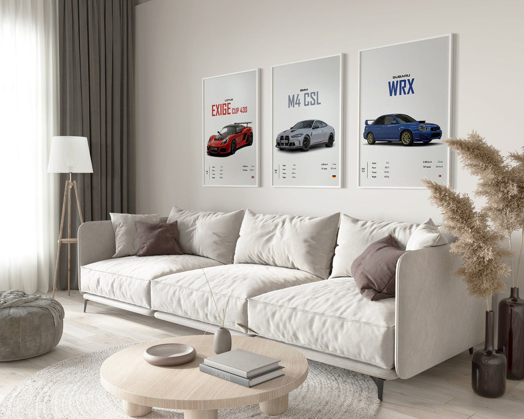Klasik Spor Araba Posteri · BMW, Lotus ve Subaru Efsaneleri · Erkeğe Hediye · Salon ve Ofis Duvar Sanatı · Çerçevesiz Baskı