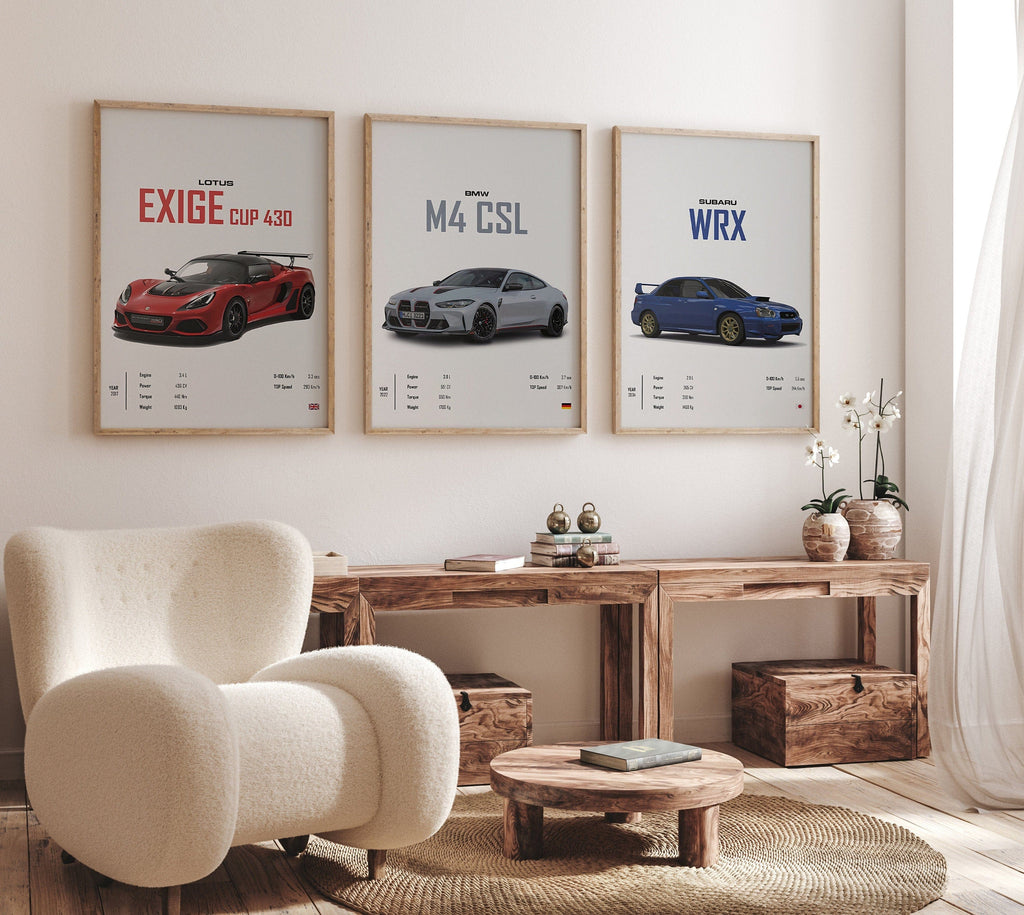 Klasik Spor Araba Posteri · BMW, Lotus ve Subaru Efsaneleri · Erkeğe Hediye · Salon ve Ofis Duvar Sanatı · Çerçevesiz Baskı